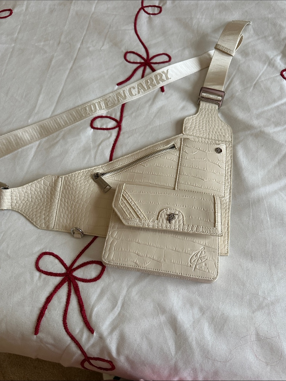 Ivory Croc-Embossed Crossbody Belt Bag
